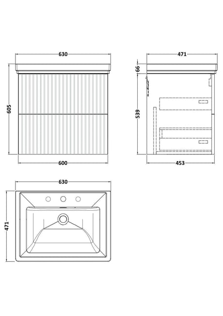 [BFLF124B] Callingwood Contemporary Wall Hung 2 Drawer Vanity Unit with Traditional 3 Tap Hole Fireclay Basin, Choice of Size and Colour - Line Drawing