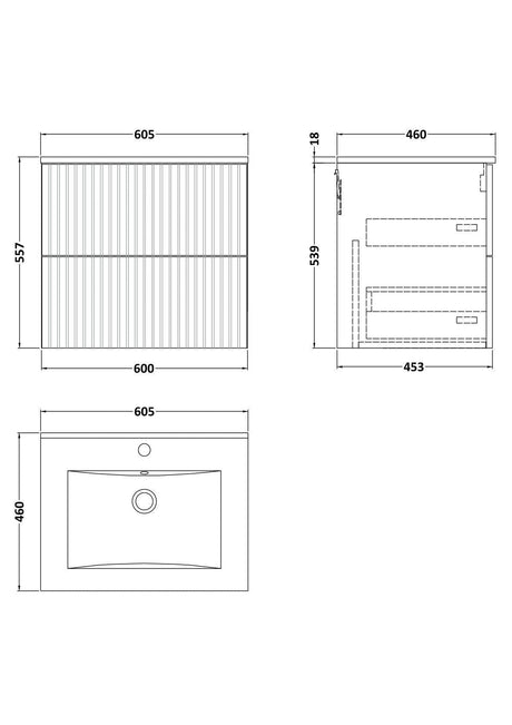 [BFLF124C] Callingwood Contemporary Wall Hung 2 Drawer Vanity Unit with Minimalist Ceramic Basin, Choice of Size and Colour - Line Drawing