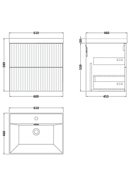 [BFLF124E] Callingwood Contemporary Wall Hung 2 Drawer Vanity Unit with Thin-Edge Ceramic Basin, Choice of Size and Colour - Line Drawing