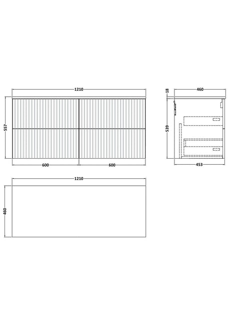 [BFLF124GMT2] Callingwood Contemporary Wall Hung 4 Drawer 1200mm Vanity Unit with Grey Marble Worktop, Choice of Colour - Line Drawing