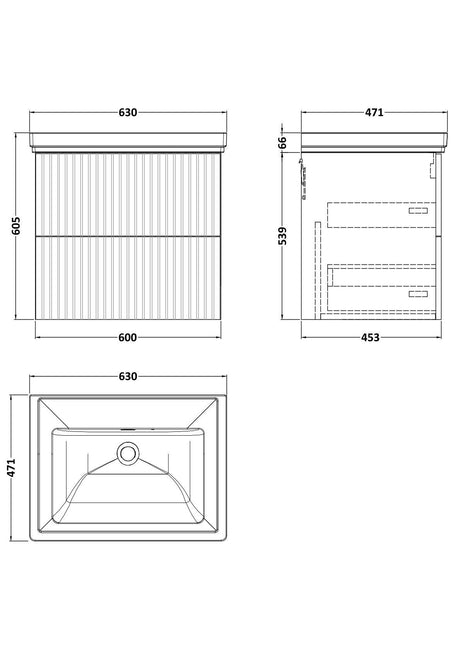 [BFLF124H] Callingwood Contemporary Wall Hung 2 Drawer Vanity Unit with Traditional 0 Tap Hole Fireclay Basin, Choice of Size and Colour - Line Drawing