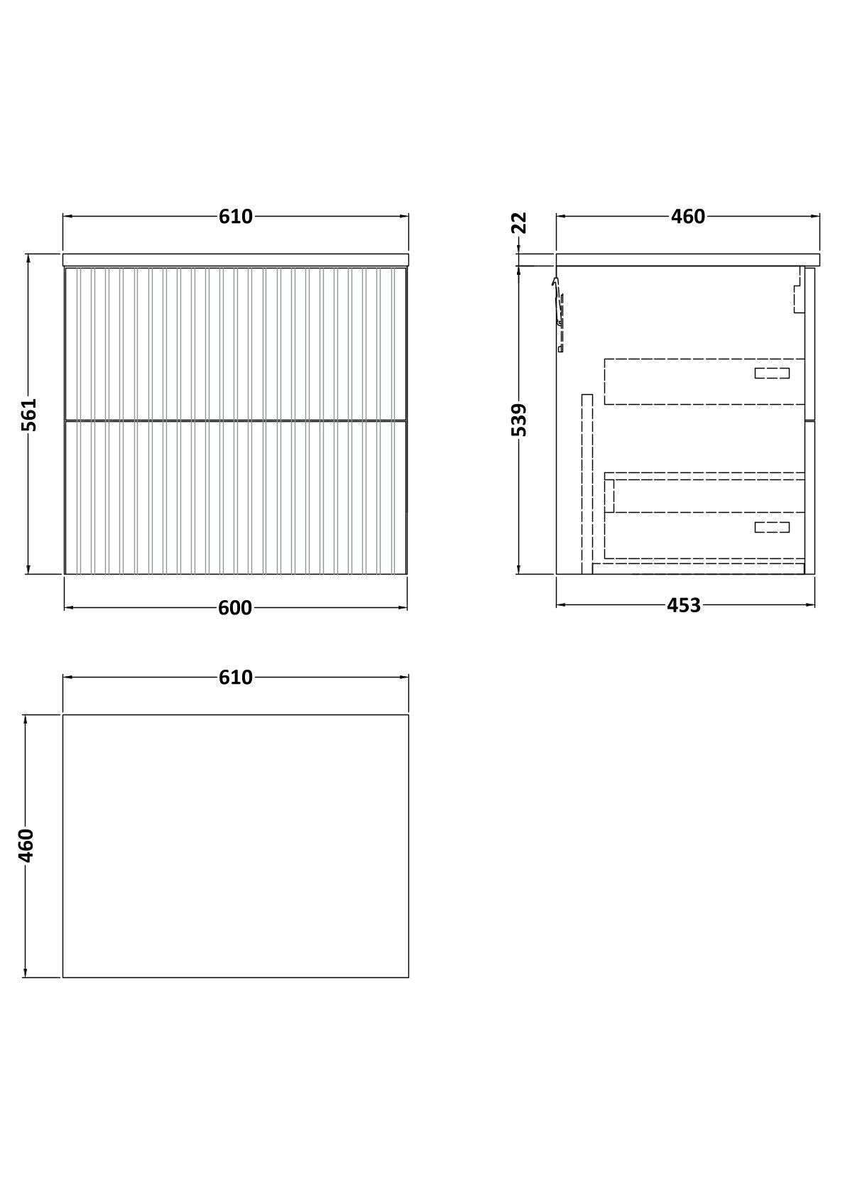 [BFLF124LWN] Callingwood Contemporary Wall Hung 2 Drawer Vanity Unit with White Nebula Laminate Worktop, Choice of Size and Colour - Line Drawing
