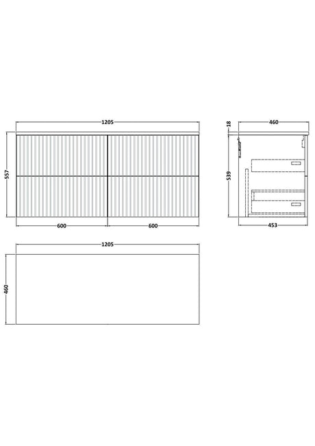 [BFLF124W2] Callingwood Contemporary Wall Hung 4 Drawer 1200mm Vanity Unit with Laminate Worktop, Choice of Colour - Line Drawing