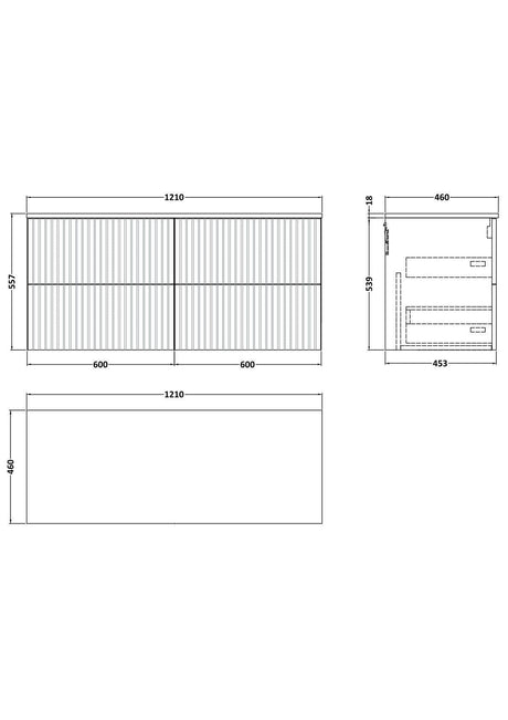 [BFLF124WMT2] Callingwood Contemporary Wall Hung 4 Drawer 1200mm Vanity Unit with White Marble Worktop, Choice of Colour - Line Drawing