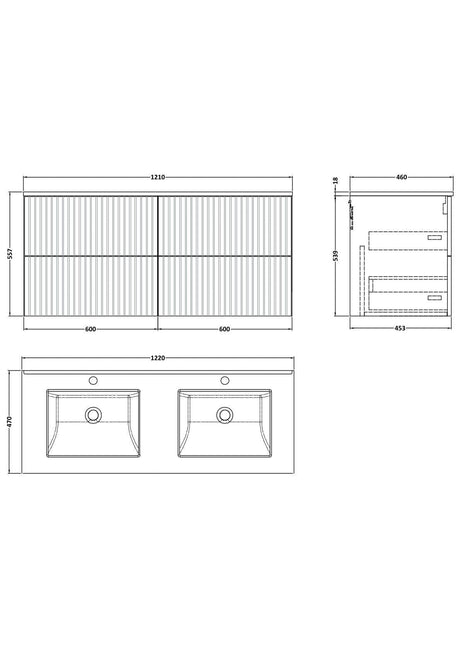 [BFLF124WS2] Callingwood Contemporary Wall Hung 4 Drawer 1200mm Vanity Unit with Marble Worktop and Double Basin, Choice of Colour - Line Drawing