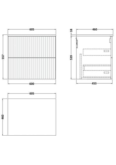 [BFLF124W] Callingwood Contemporary Wall Hung 2 Drawer Vanity Unit with Laminate Worktop, Choice of Size and Colour - Line Drawing