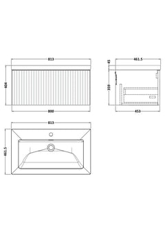 [BFLF125L] Callingwood Contemporary Wall Hung 1 Drawer Vanity Unit with 1 Tap Hole Fireclay Basin, Choice of Size and Colour - Line Drawing