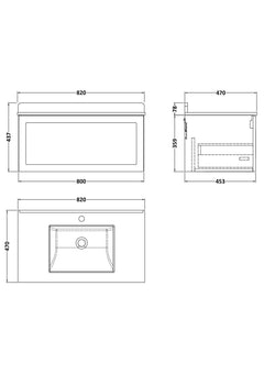 [BFLF125WS1] Callingwood Contemporary Wall Hung 1 Drawer Vanity Unit with Marble Worktop and Basin, Choice of Size and Colour - Line Drawing