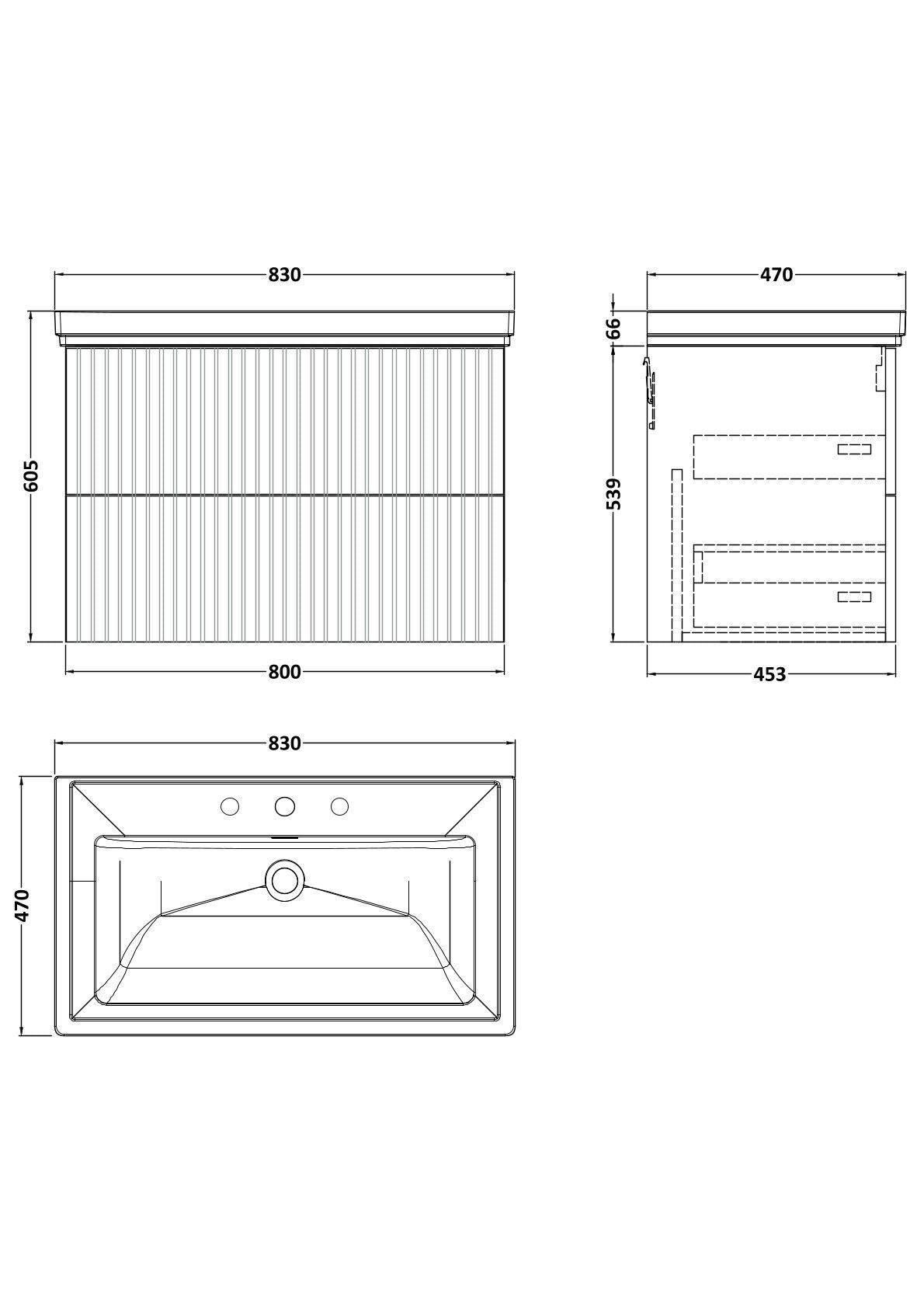 [BFLF126B] Callingwood Contemporary Wall Hung 2 Drawer Vanity Unit with Traditional 3 Tap Hole Fireclay Basin, Choice of Size and Colour - Line Drawing