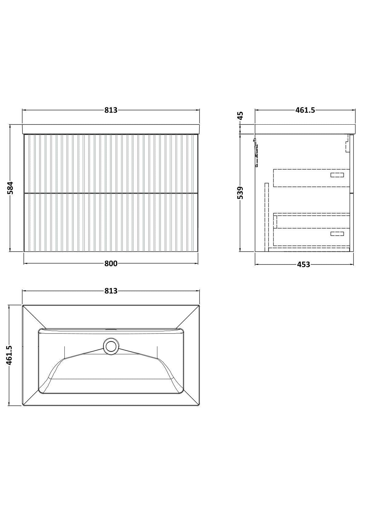 [BFLF126K] Callingwood Contemporary Wall Hung 2 Drawer Vanity Unit with 0 Tap Hole Fireclay Basin, Choice of Size and Colour - Line Drawing