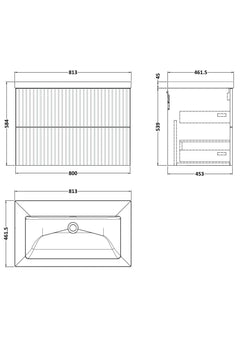 [BFLF126K] Callingwood Contemporary Wall Hung 2 Drawer Vanity Unit with 0 Tap Hole Fireclay Basin, Choice of Size and Colour - Line Drawing