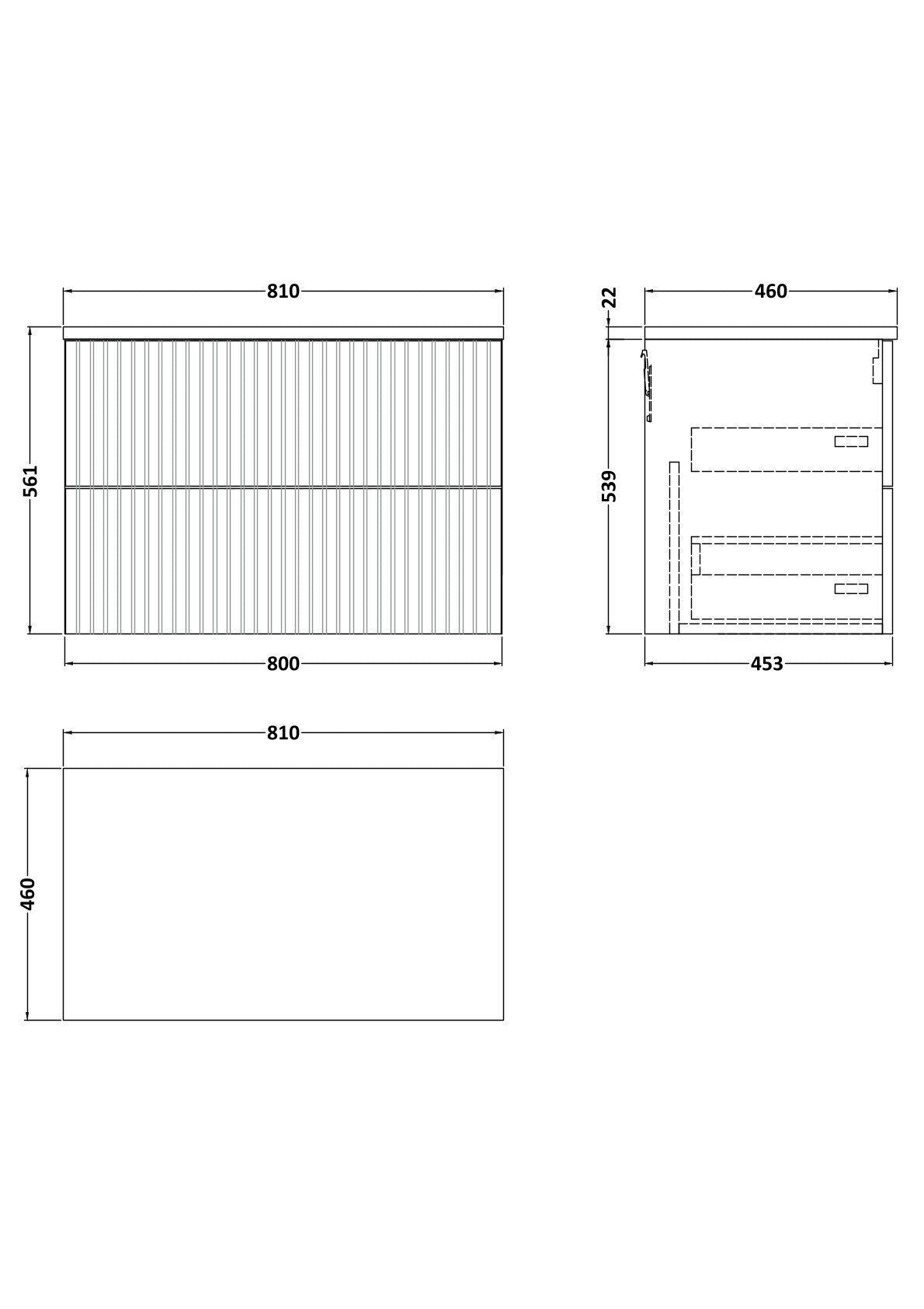 [BFLF126LWN] Callingwood Contemporary Wall Hung 2 Drawer Vanity Unit with White Nebula Laminate Worktop, Choice of Size and Colour - Line Drawing