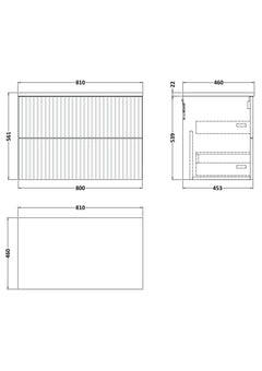 [BFLF126LWN] Callingwood Contemporary Wall Hung 2 Drawer Vanity Unit with White Nebula Laminate Worktop, Choice of Size and Colour - Line Drawing