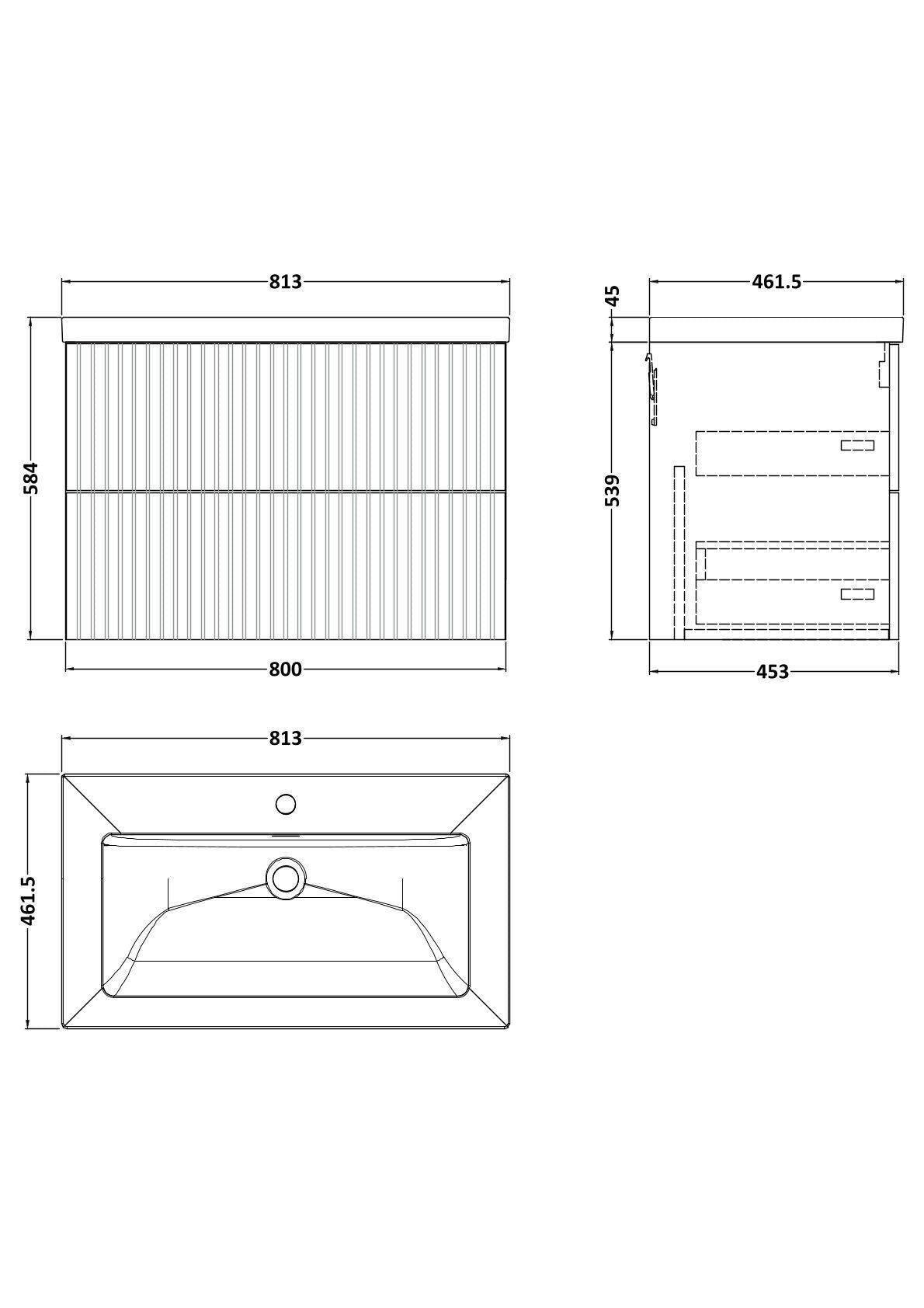 [BFLF126L] Callingwood Contemporary Wall Hung 2 Drawer Vanity Unit with 1 Tap Hole Fireclay Basin, Choice of Size and Colour - Line Drawing