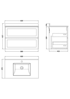 [BFLF126WS1] Callingwood Contemporary Wall Hung 2 Drawer Vanity Unit with Marble Worktop and Basin, Choice of Size and Colour - Line Drawing