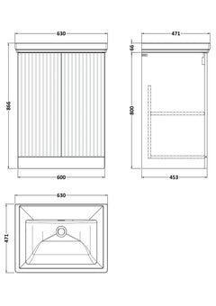 [BFLF1403H] Callingwood Contemporary Floor Standing 2 Door Vanity Unit with Traditional 0 Tap Hole Fireclay Basin, Choice of Size and Colour - Line Drawing