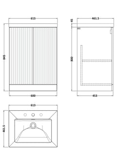 [BFLF1403M] Callingwood Contemporary Floor Standing 2 Door Vanity Unit with 3 Tap Hole Fireclay Basin, Choice of Size and Colour - Line Drawing