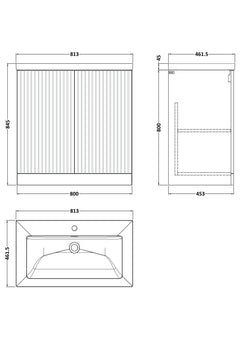[BFLF1405L] Callingwood Contemporary Floor Standing 2 Door Vanity Unit with 1 Tap Hole Fireclay Basin, Choice of Size and Colour - Line Drawing