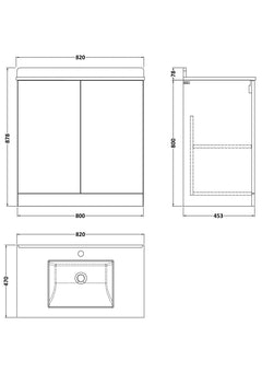 [BFLF1405WS1] Callingwood Contemporary Floor Standing 2 Door Vanity Unit with Marble Worktop and Basin, Choice of Size and Colour - Line Drawing