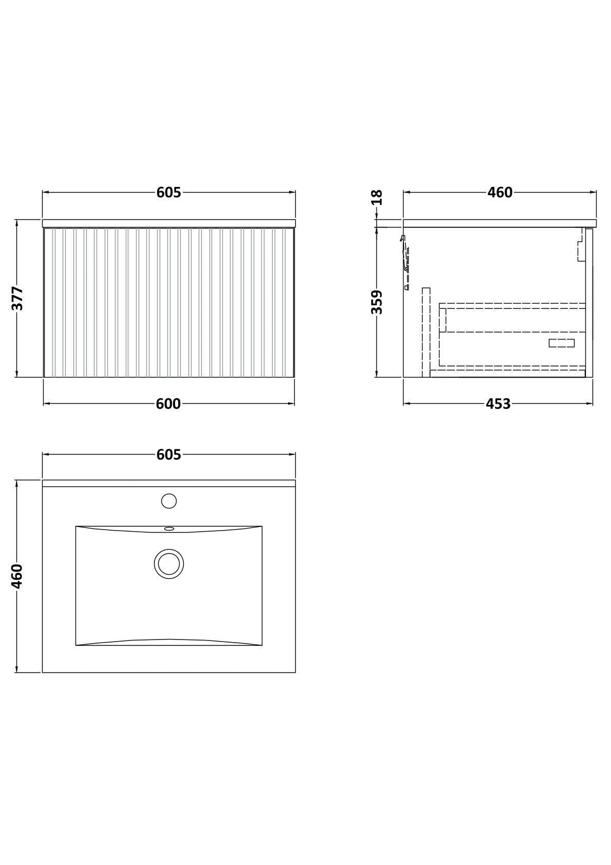 [BFLF1422C] Callingwood Contemporary Wall Hung 1 Drawer Vanity Unit with Minimalist Ceramic Basin, Choice of Size and Colour - Line Drawing