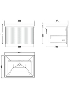 [BFLF1422H] Callingwood Contemporary Wall Hung 1 Drawer Vanity Unit with Traditional 0 Tap Hole Fireclay Basin, Choice of Size and Colour - Line Drawing