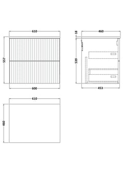 [BFLF1424GMT] Callingwood Contemporary Wall Hung 2 Drawer Vanity Unit with Grey Marble Worktop, Choice of Size and Colour - Line Drawing