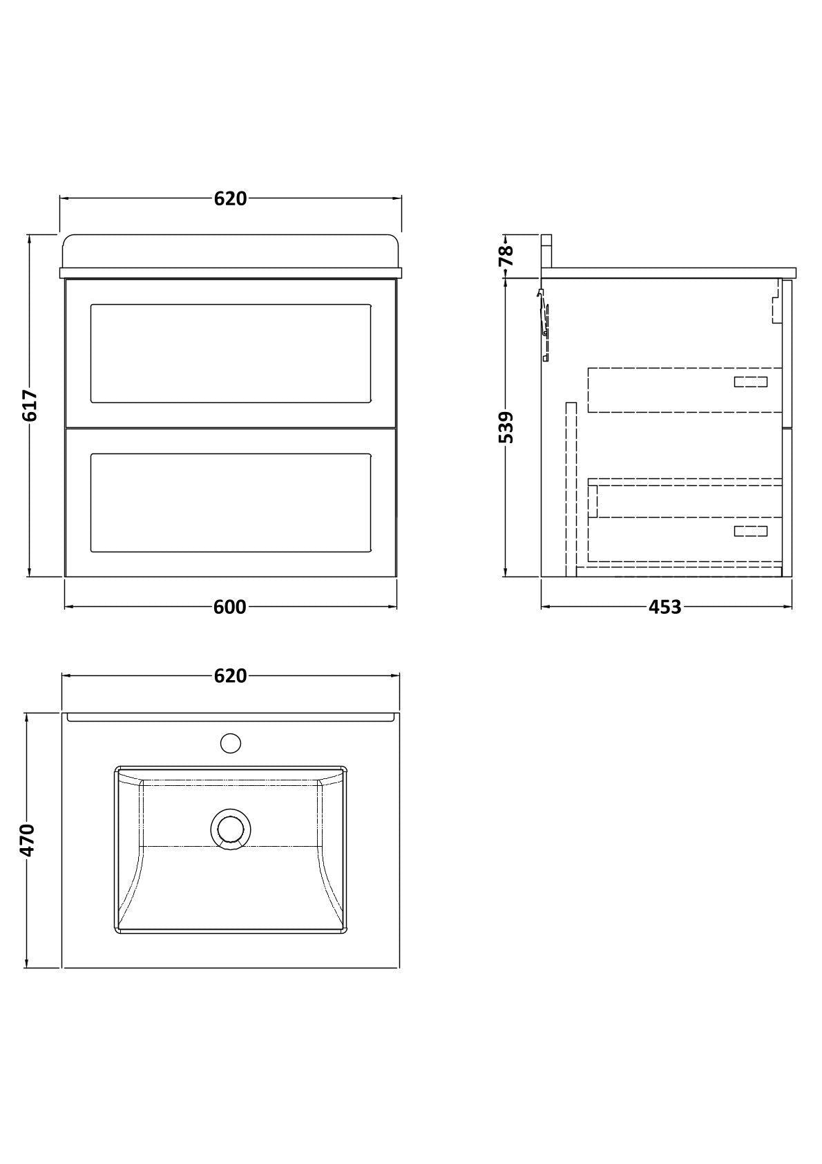 [BFLF1424WS1] Callingwood Contemporary Wall Hung 2 Drawer Vanity Unit with Marble Worktop and Basin, Choice of Size and Colour - Line Drawing