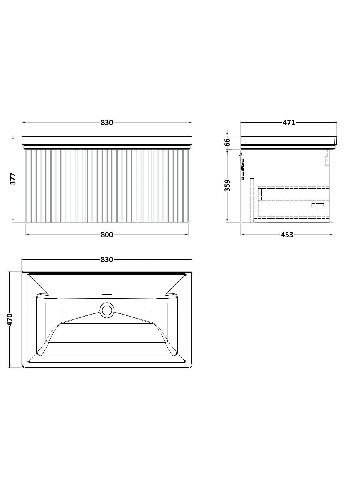 [BFLF1425H] Callingwood Contemporary Wall Hung 1 Drawer Vanity Unit with Traditional 0 Tap Hole Fireclay Basin, Choice of Size and Colour - Line Drawing