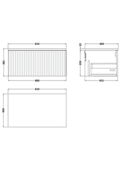 [BFLF1425LSWG] Callingwood Contemporary Wall Hung 1 Drawer Vanity Unit with White Sparkle Laminate Worktop, Choice of Size and Colour - Line Drawing