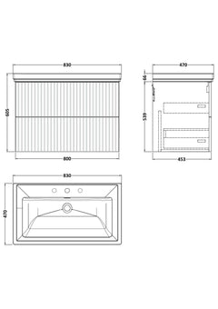 [BFLF1426B] Callingwood Contemporary Wall Hung 2 Drawer Vanity Unit with Traditional 3 Tap Hole Fireclay Basin, Choice of Size and Colour - Line Drawing