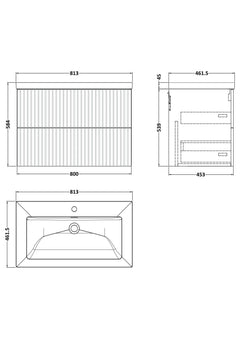 [BFLF1426L] Callingwood Contemporary Wall Hung 2 Drawer Vanity Unit with 1 Tap Hole Fireclay Basin, Choice of Size and Colour - Line Drawing