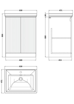 [BFLF1803A] Callingwood Contemporary Floor Standing 2 Door Vanity Unit with Traditional 1 Tap Hole Fireclay Basin, Choice of Size and Colour - Line Drawing