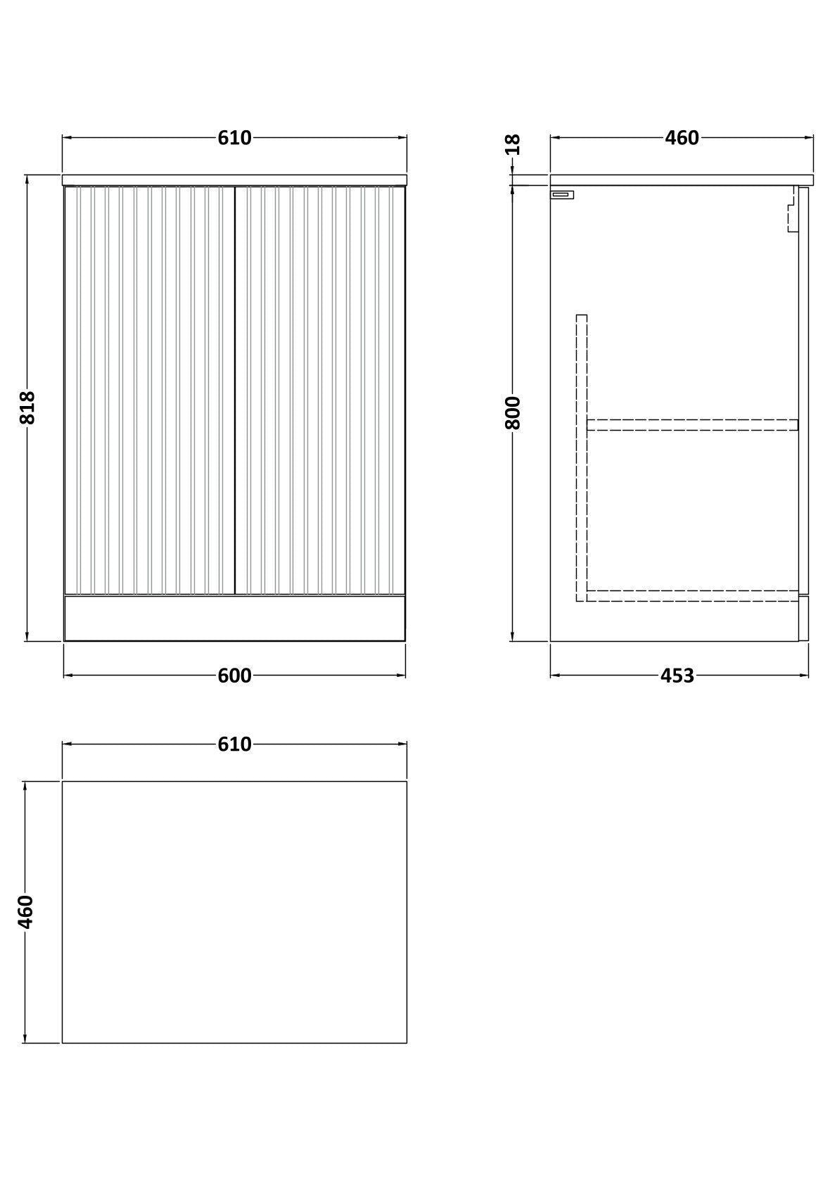 [BFLF1803GMT] Callingwood Contemporary Floor Standing 2 Door Vanity Unit with Grey Marble Worktop, Choice of Size and Colour - Line Drawing