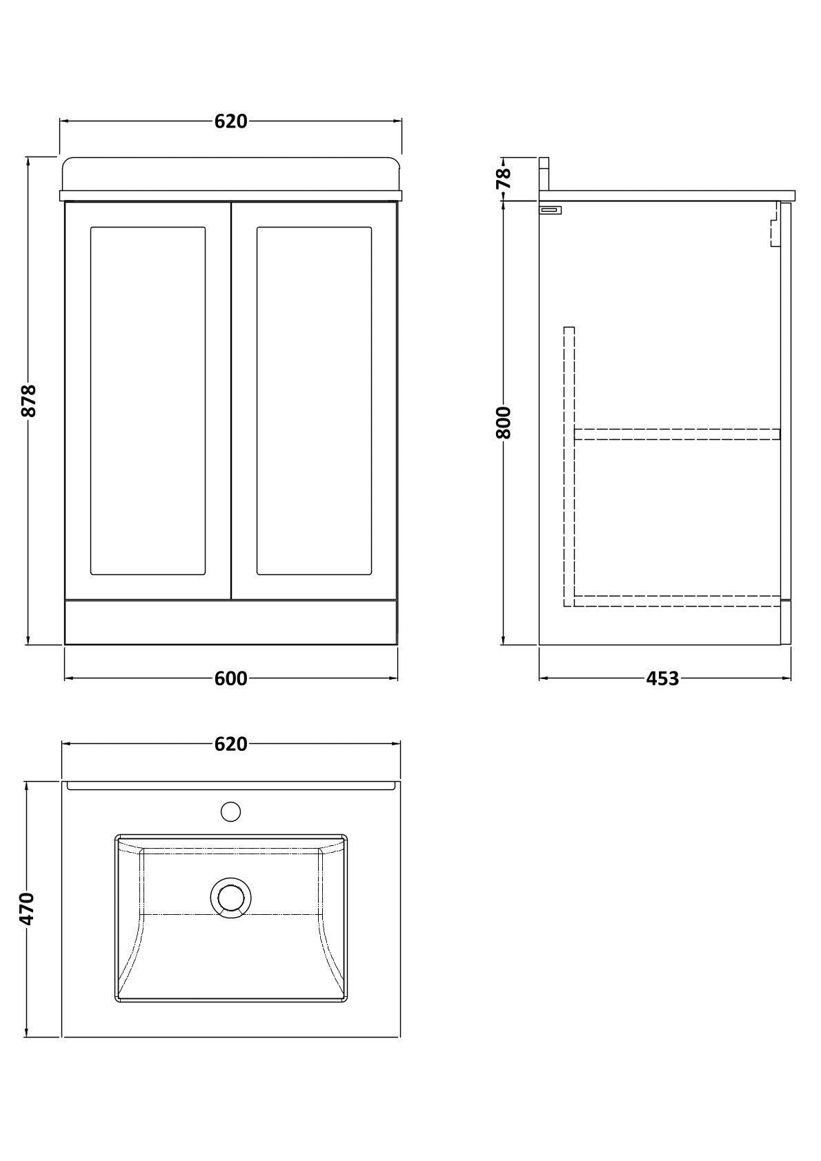 [BFLF1803WS1] Callingwood Contemporary Floor Standing 2 Door Vanity Unit with Marble Worktop and Basin, Choice of Size and Colour - Line Drawing