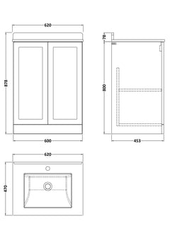 [BFLF1803WS1] Callingwood Contemporary Floor Standing 2 Door Vanity Unit with Marble Worktop and Basin, Choice of Size and Colour - Line Drawing