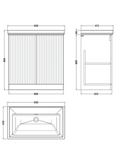 [BFLF1805H] Callingwood Contemporary Floor Standing 2 Door Vanity Unit with Traditional 0 Tap Hole Fireclay Basin, Choice of Size and Colour - Line Drawing
