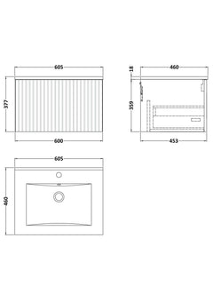 [BFLF1822C] Callingwood Contemporary Wall Hung 1 Drawer Vanity Unit with Minimalist Ceramic Basin, Choice of Size and Colour - Line Drawing