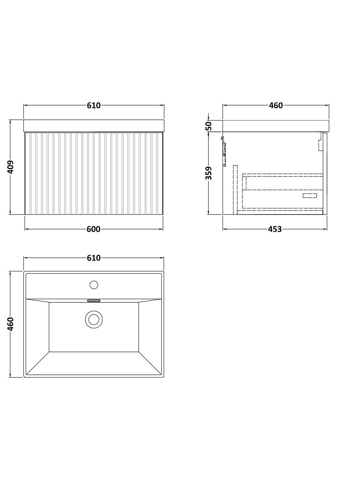 [BFLF1822E] Callingwood Contemporary Wall Hung 1 Drawer Vanity Unit with Thin-Edge Ceramic Basin, Choice of Size and Colour - Line Drawing