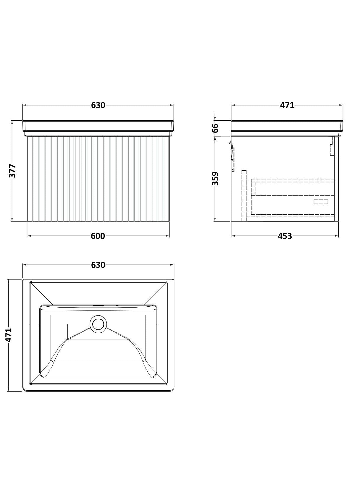[BFLF1822H] Callingwood Contemporary Wall Hung 1 Drawer Vanity Unit with Traditional 0 Tap Hole Fireclay Basin, Choice of Size and Colour - Line Drawing
