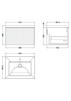 [BFLF1822L] Callingwood Contemporary Wall Hung 1 Drawer Vanity Unit with 1 Tap Hole Fireclay Basin, Choice of Size and Colour - Line Drawing