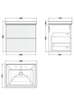 [BFLF1824B] Callingwood Contemporary Wall Hung 2 Drawer Vanity Unit with Traditional 3 Tap Hole Fireclay Basin, Choice of Size and Colour - Line Drawing