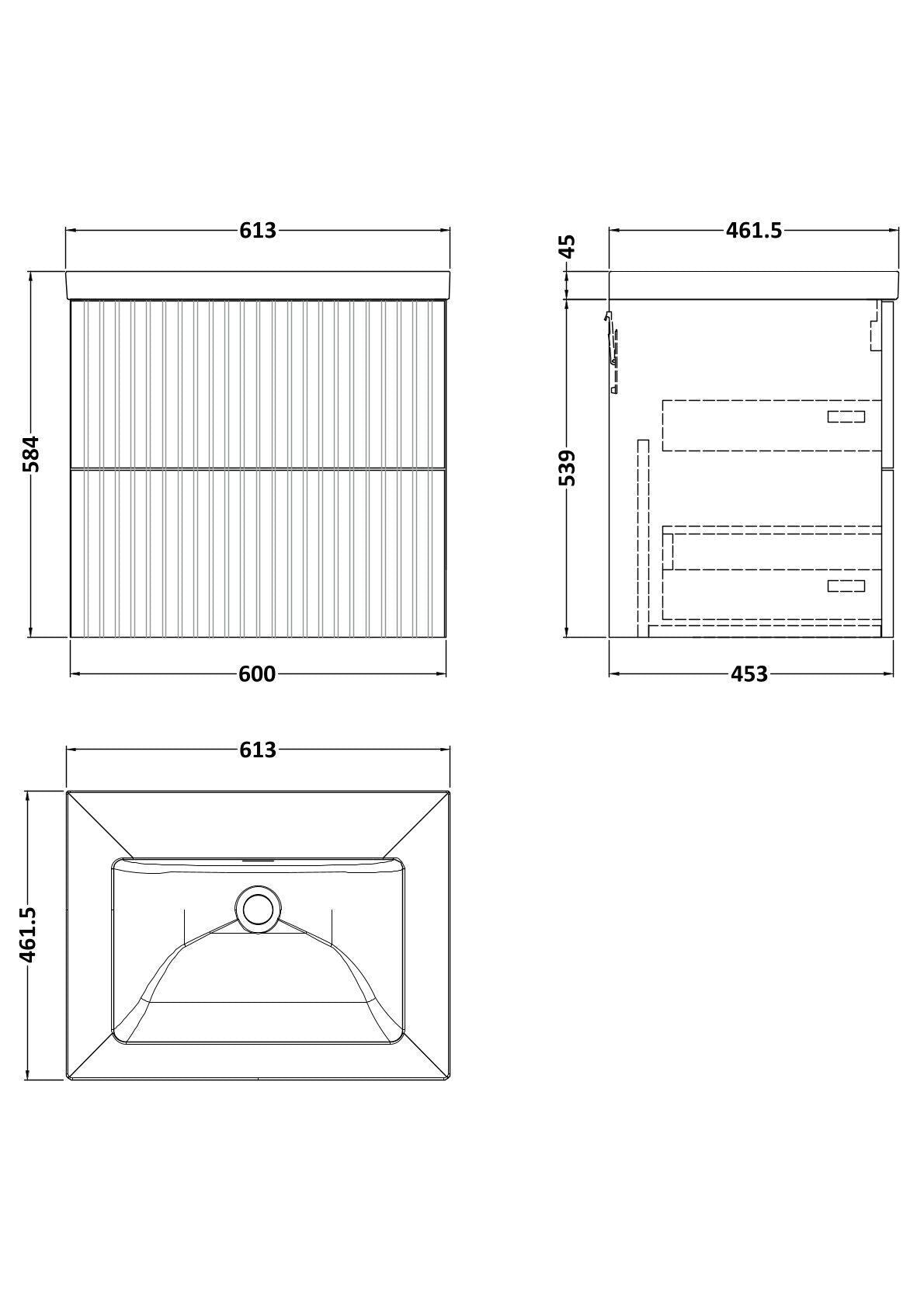[BFLF1824K] Callingwood Contemporary Wall Hung 2 Drawer Vanity Unit with 0 Tap Hole Fireclay Basin, Choice of Size and Colour - Line Drawing