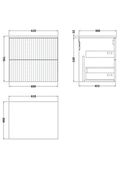 [BFLF1824LSWG] Callingwood Contemporary Wall Hung 2 Drawer Vanity Unit with White Sparkle Laminate Worktop, Choice of Size and Colour - Line Drawing