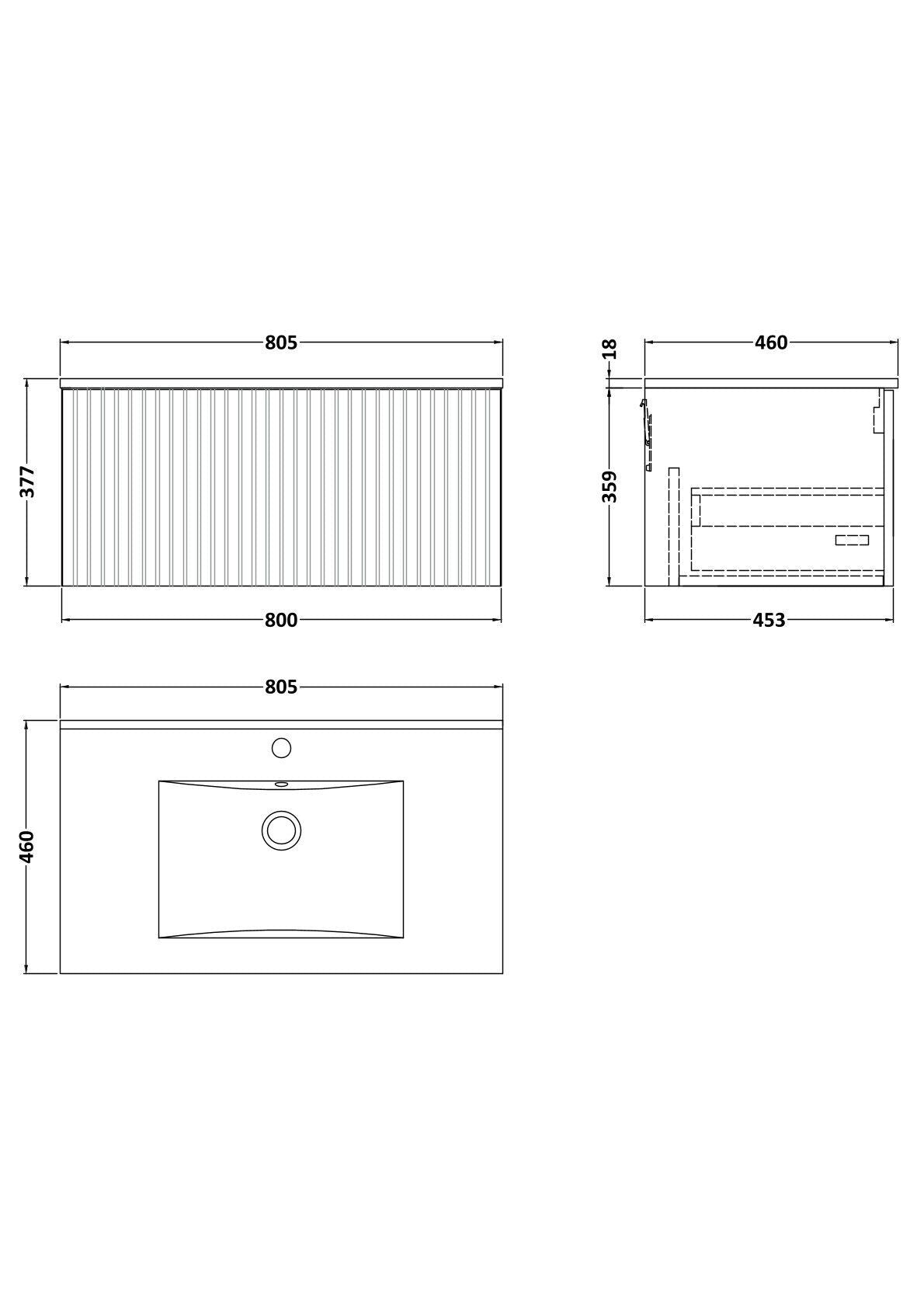 [BFLF1825C] Callingwood Contemporary Wall Hung 1 Drawer Vanity Unit with Minimalist Ceramic Basin, Choice of Size and Colour - Line Drawing