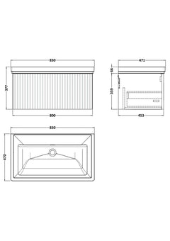 [BFLF1825H] Callingwood Contemporary Wall Hung 1 Drawer Vanity Unit with Traditional 0 Tap Hole Fireclay Basin, Choice of Size and Colour - Line Drawing