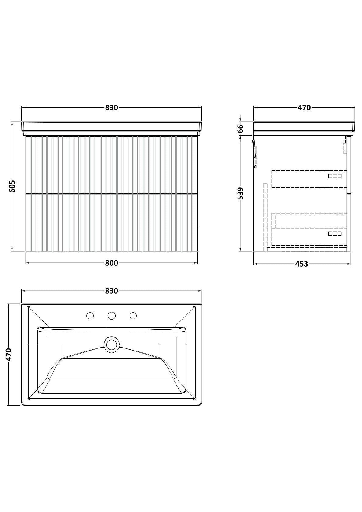 [BFLF1826B] Callingwood Contemporary Wall Hung 2 Drawer Vanity Unit with Traditional 3 Tap Hole Fireclay Basin, Choice of Size and Colour - Line Drawing