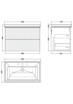 [BFLF1826B] Callingwood Contemporary Wall Hung 2 Drawer Vanity Unit with Traditional 3 Tap Hole Fireclay Basin, Choice of Size and Colour - Line Drawing