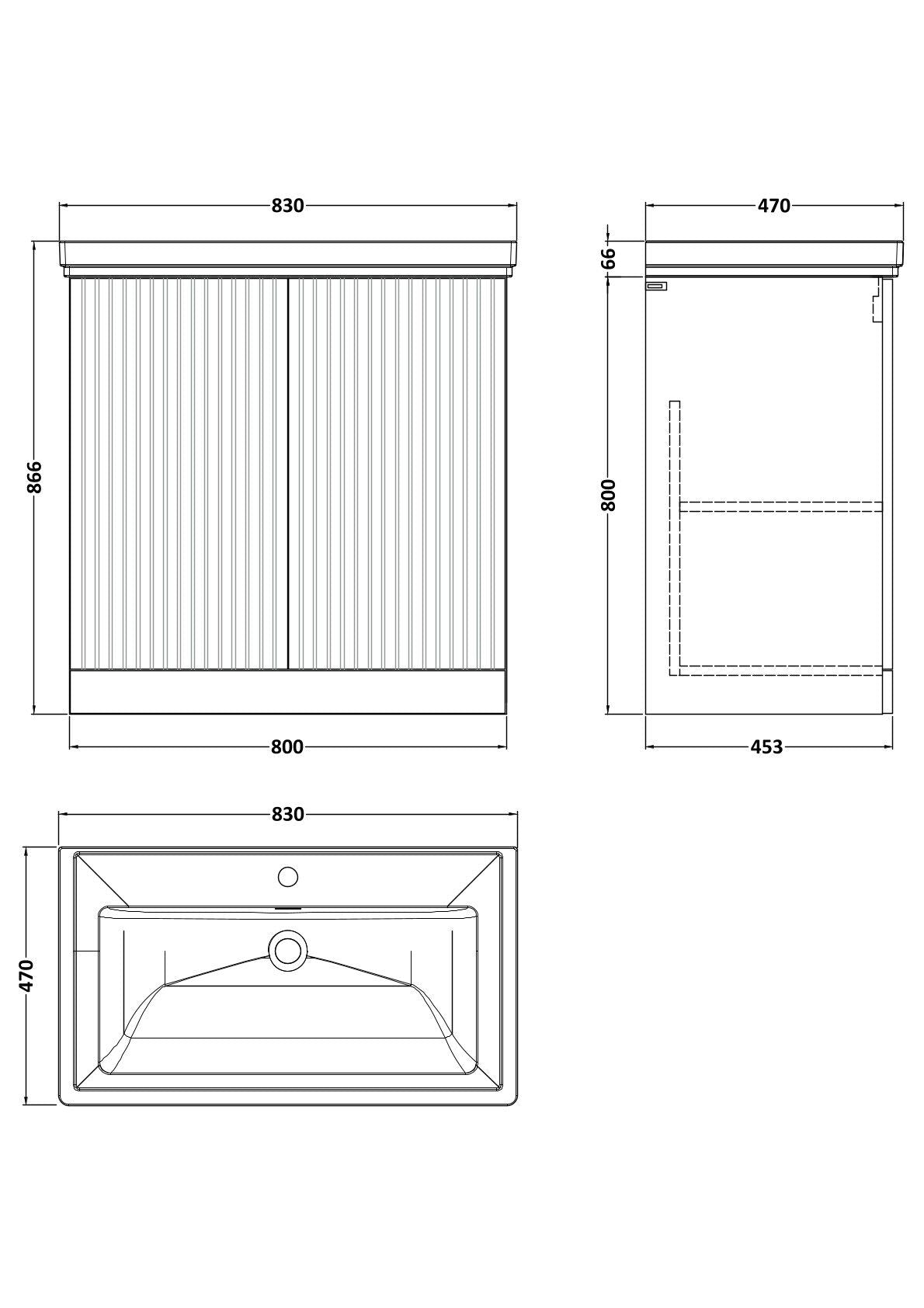 [BFLF3105A] Callingwood Contemporary Floor Standing 2 Door Vanity Unit with Traditional 1 Tap Hole Fireclay Basin, Choice of Size and Colour - Line Drawing
