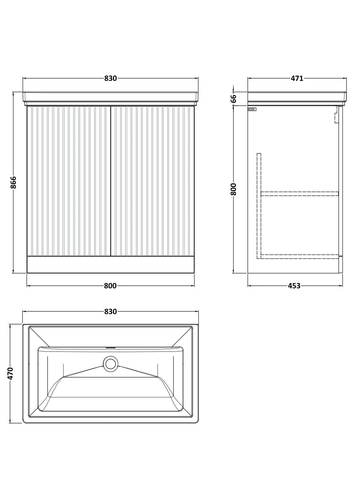 [BFLF3105H] Callingwood Contemporary Floor Standing 2 Door Vanity Unit with Traditional 0 Tap Hole Fireclay Basin, Choice of Size and Colour - Line Drawing