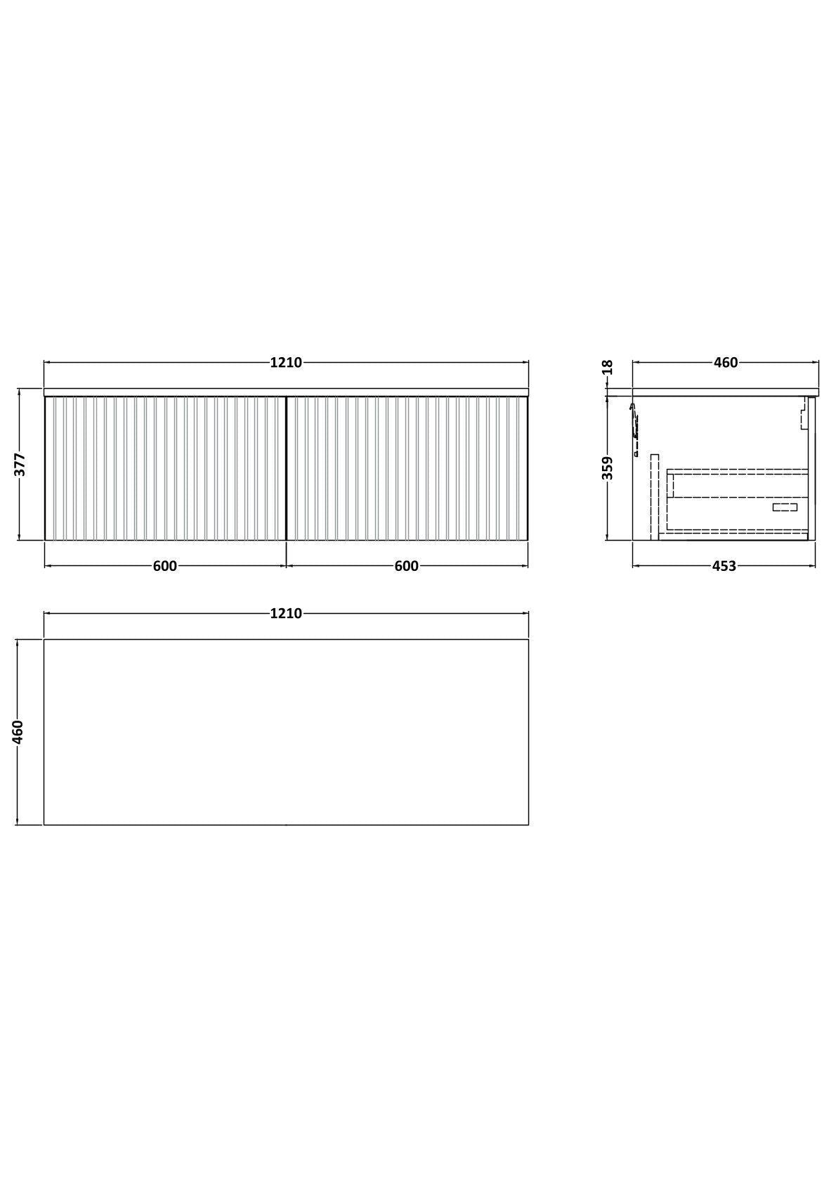 [BFLF3122WMT2] Callingwood Contemporary Wall Hung 2 Drawer 1200mm Vanity Unit with White Marble Worktop, Choice of Colour - Line Drawing